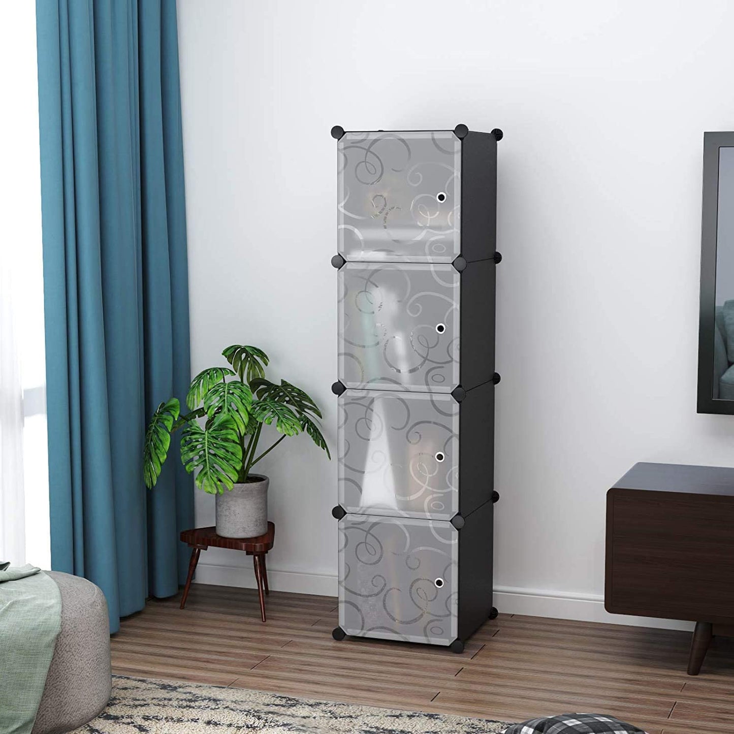 Cube Storage with Doors, 4-Cube Storage Organizer, Plastic Closet Cabinet, Modular Book Shelving Units, Storage Shelves, Ideal for Living Room, Home, Office, 24.8" L X 12.4" W X 24.8" H Black