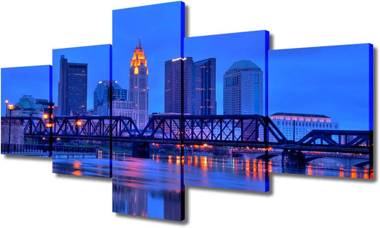 Panoramic Columbus Ohio Cityscape Picture, Colorful Stretched Canvas Art Prints, Scioto River Night Scene Pictures Print on Canvas, Wall Decoration for Bedroom or Office Ready to Hang, 50"Wx24"H