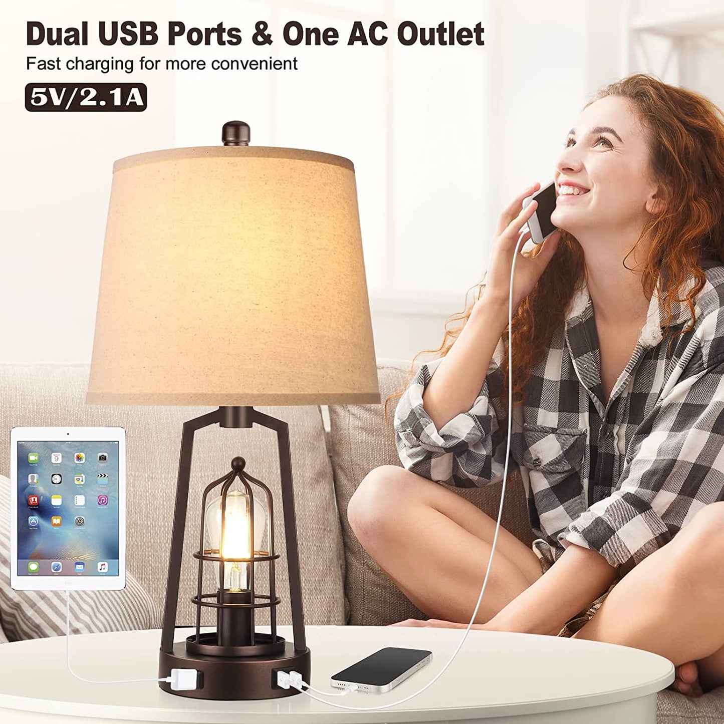 Set of 2 Farmhouse Table Lamps with USB Ports, 3-Way Dimmable Bedside Touch Lamp, Bedroom Nightstand Lamp with AC Outlet, Rustic Industrial Desk Lamps for Living Room Reading, Bulbs Included