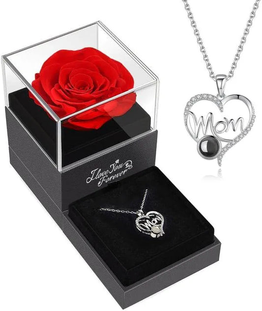 Preserved Red Real Rose with I Love You Mom Necklace in 100 Languages -Eternal Flowers Enchanted Rose Gifts for Mom from Daughter Son - Christmas Mothers Day Valentines Day Birthday Bonus Mom Gifts