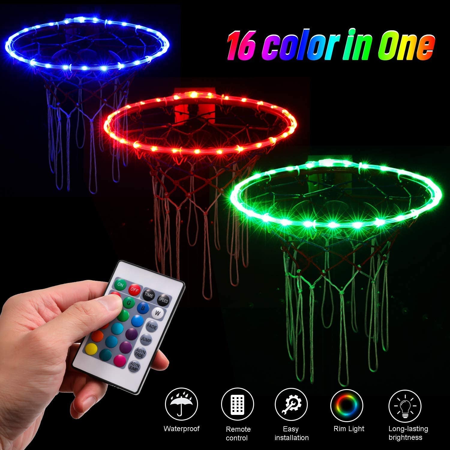 LED Basketball Hoop Lights, Remote Control Basketball Rim LED Light, 16 Color Change by Yourself, Waterproof，Super Bright to Play at Night Outdoors,Good Gift for Kids