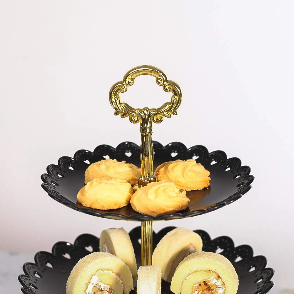 Black round Plate 3 Tiered Serving Stand Tray Cake Stands Cupcake Holder Dessert Stand Table Decorations for Party Kids Birthday Tea Party Baby Shower