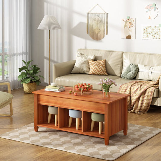 Jaxpety Lift Top Coffee Table Convertible Solid Wood Desk Storage Compartment,Red Brown