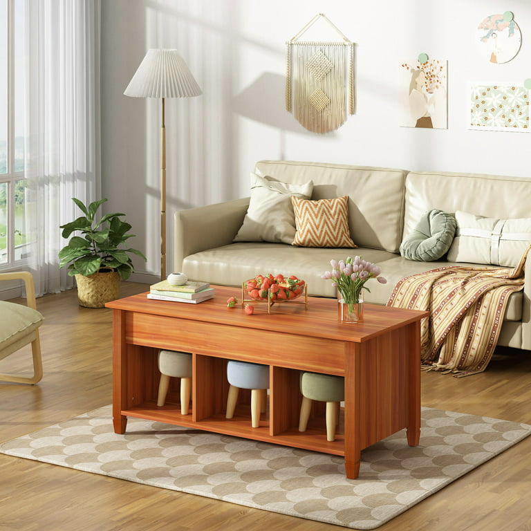 Jaxpety Lift Top Coffee Table Convertible Solid Wood Desk Storage Compartment,Red Brown