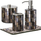 Decorative Glass Bathroom 4-Pcs Accessory Set | Soap Dispenser, Toothbrush Holder, Cotton Jar, Vanity Tray (Black/Gold)