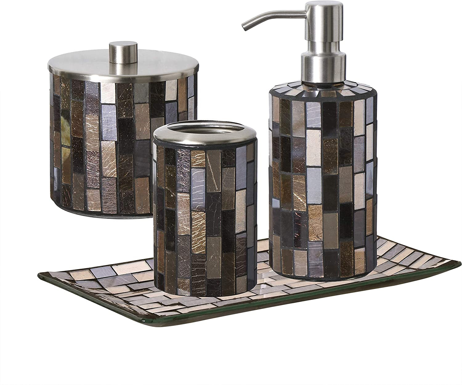 Decorative Glass Bathroom 4-Pcs Accessory Set | Soap Dispenser, Toothbrush Holder, Cotton Jar, Vanity Tray (Black/Gold)