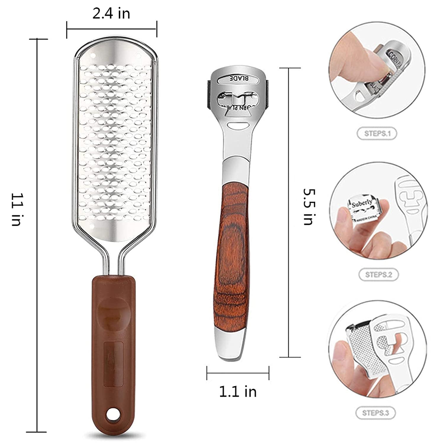 Colossal Foot Rasp & Wood Handle Callus Shaver (10 Replacement & 1 Foot File Heads), Pedicure Foot File Kit, Heel Scraper for Feet, Foot File Callus Remover