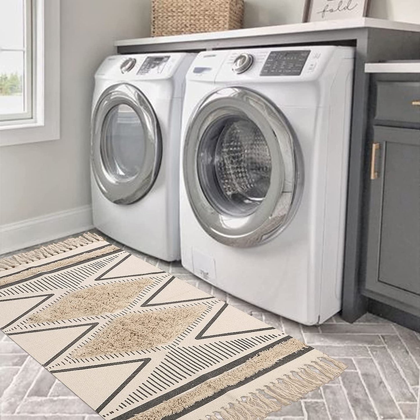Kitchen Runner Rug 2' X 5', Washable Tufted Cotton Hallway Rugs with Tassels Farmhouse Woven Tribal Geometric Shag Throw Boho Area Rug for Laundry Room/Entryway/Bedroom
