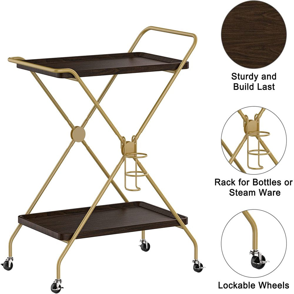 Bar Cart with Wine Rack, 2 Tier Kitchen Cart on Wheels Industrial Coffee Cart, Liquor Cart with Glass Holders for Kitchen Living Room, Brown/Brass