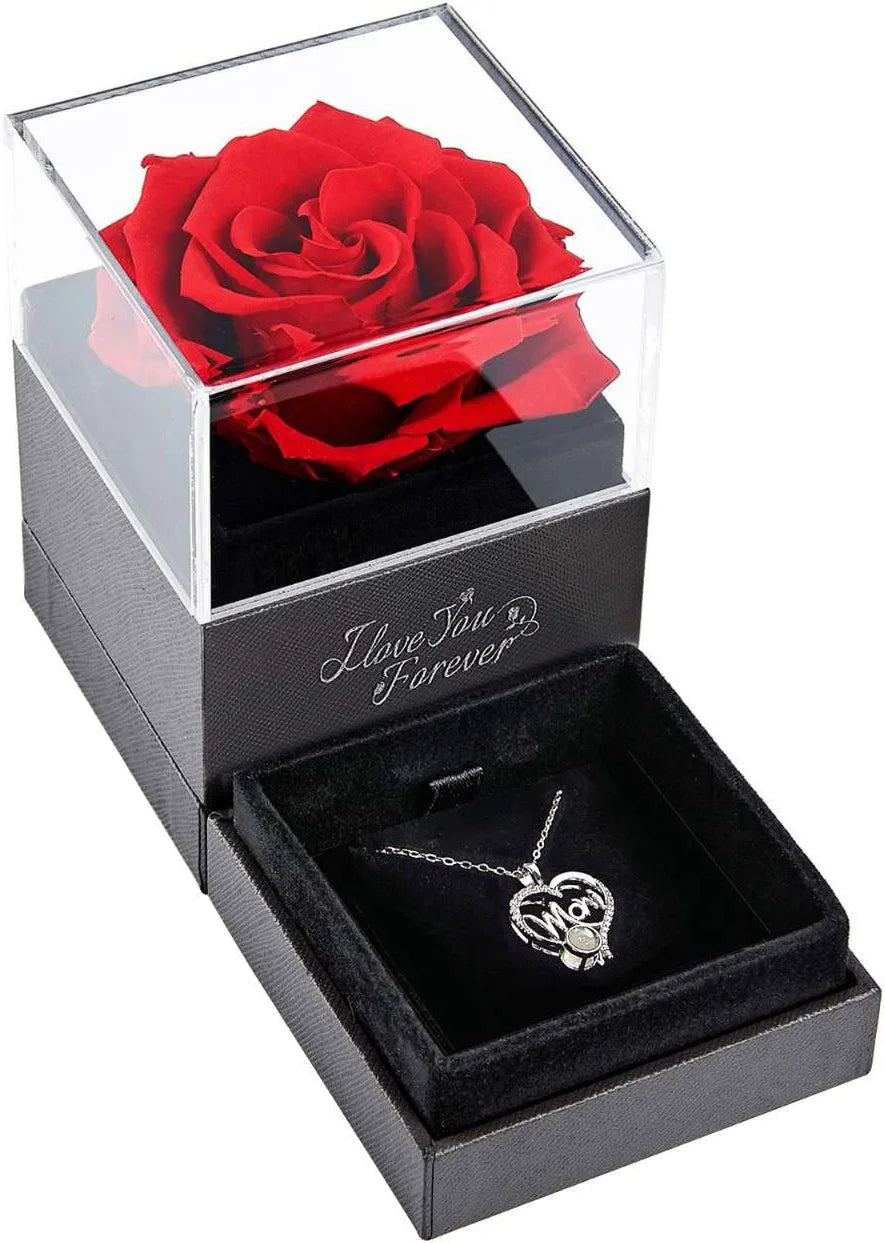 Preserved Red Real Rose with I Love You Mom Necklace in 100 Languages -Eternal Flowers Enchanted Rose Gifts for Mom from Daughter Son - Christmas Mothers Day Valentines Day Birthday Bonus Mom Gifts