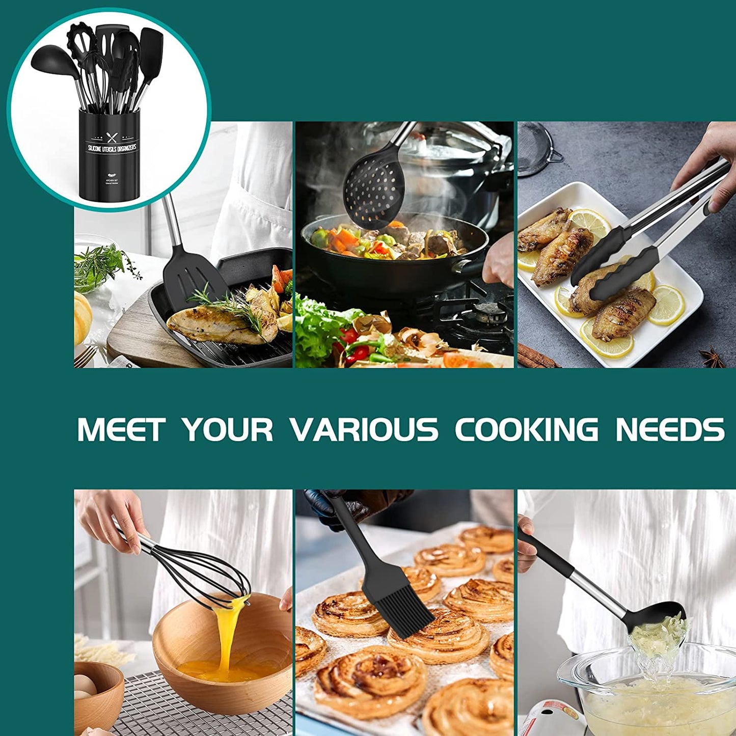 Silicone Cooking Utensil Set,  15Pcs Silicone Cooking Kitchen Utensils Set, Non-Stic - Best Kitchen Cookware with Stainless Steel Handle - Black