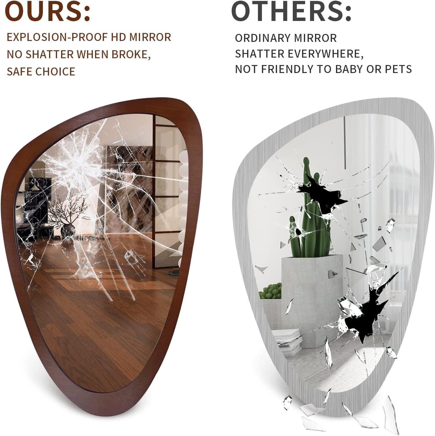 Irregular Wall Mirror 30"X20" Wall-Mounted Mirror with MDF Frame, Large Asymmetrical Mirrors for Wall Irregular Mirror for Bathroom Bedroom Entryway, Dark Walnut