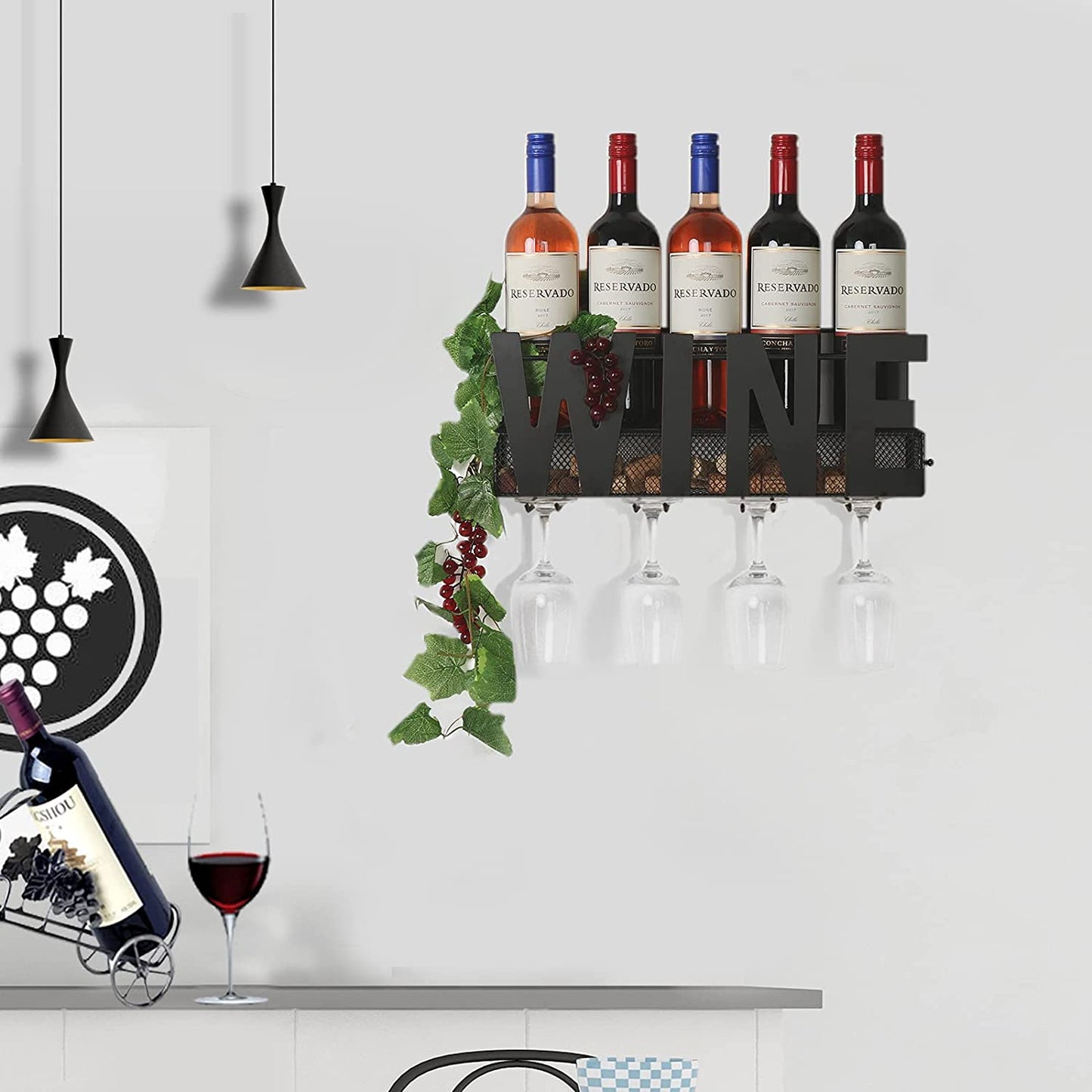 SODUKU Wall Mounted Metal Wine Rack 4 Long Stem Glass Holder & Wine Cork Storage Wine