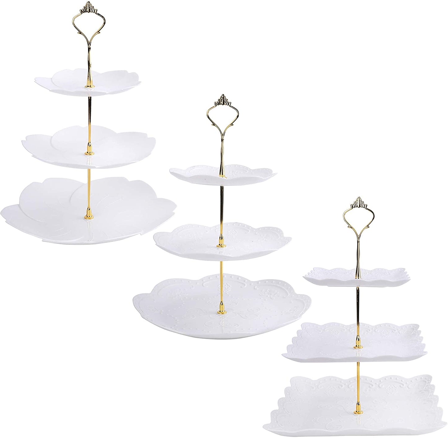 3 Pack 3 Tiers White Plastic Cupcake Stand Dessert Stand Tiered Serving Trays with Gold Rod - Round, Square, Flower