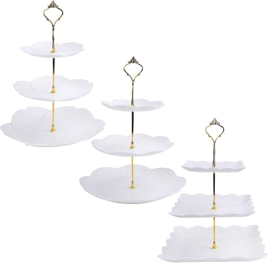 3 Pack 3 Tiers White Plastic Cupcake Stand Dessert Stand Tiered Serving Trays with Gold Rod - Round, Square, Flower