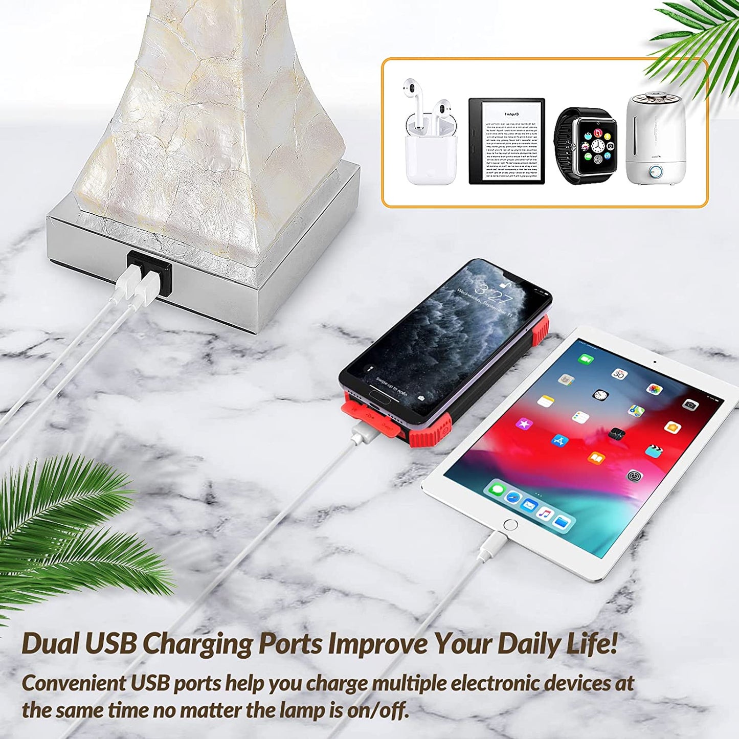 Set of 2 Touch Control Table Lamps with 2 USB Ports, Tall Bedside Nightstand Lamp for Bedrooms Living Room Reading Table, 3-Way Dimmable Coastal End Table Lamps, 2700K Warm White LED Bulb Included