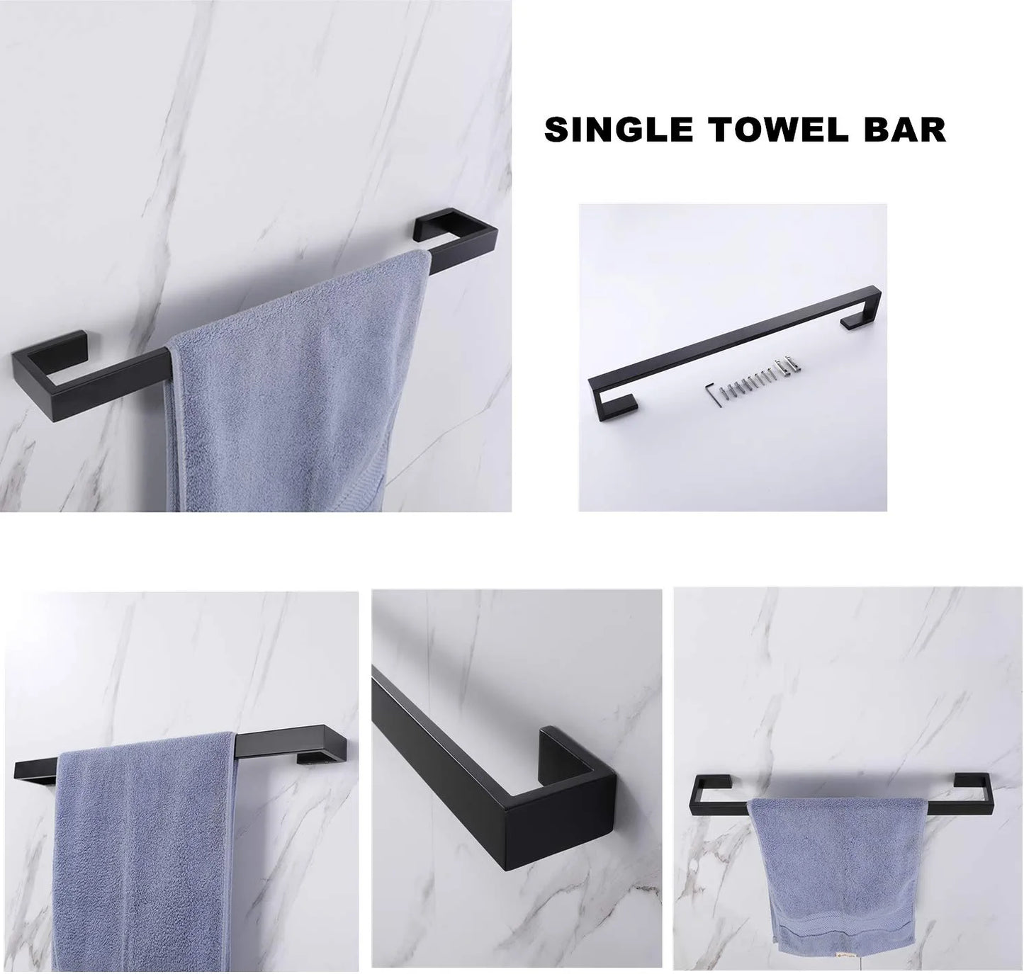 Premium Stainless Steel 4 Pieces Bathroom Hardware Accessories Set Wall Mounted Towel Bar Towel Holder Robe Hook Toilet Paper Holder ， Matte Black