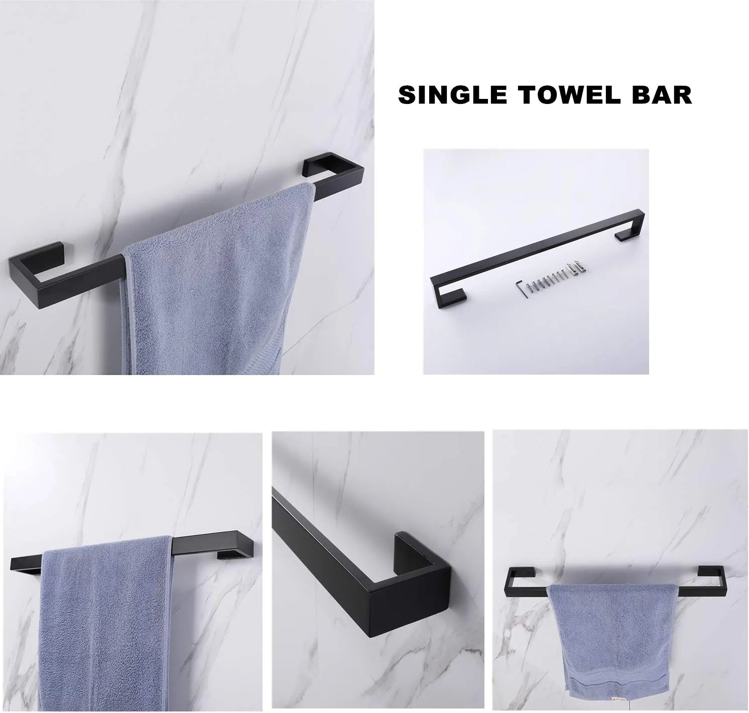Premium Stainless Steel 4 Pieces Bathroom Hardware Accessories Set Wall Mounted Towel Bar Towel Holder Robe Hook Toilet Paper Holder ， Matte Black