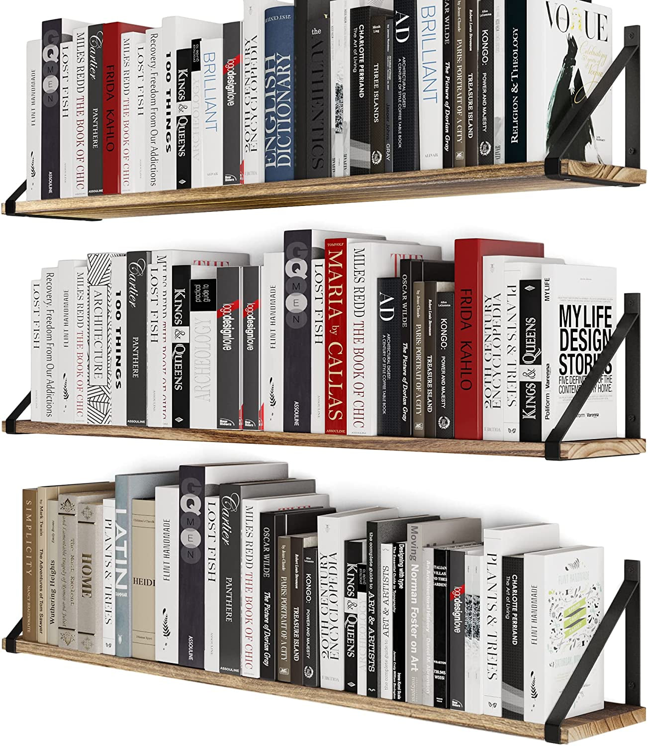 Bora 36 Inch Large Floating Shelves for Wall Storage, Floating Bookshelf Set of 3, Burned Wood Wall Shelves for Books