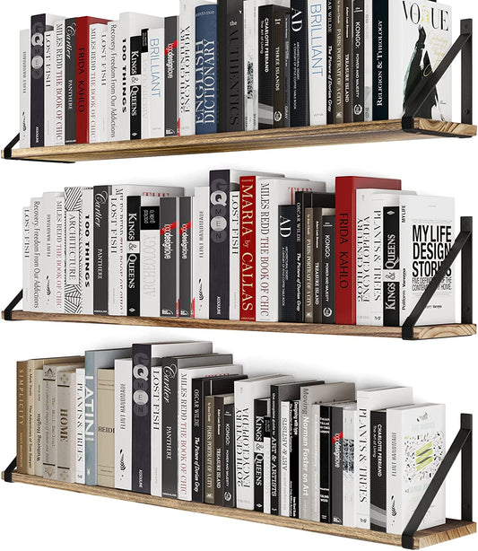 Bora 36 Inch Large Floating Shelves for Wall Storage, Floating Bookshelf Set of 3, Burned Wood Wall Shelves for Books