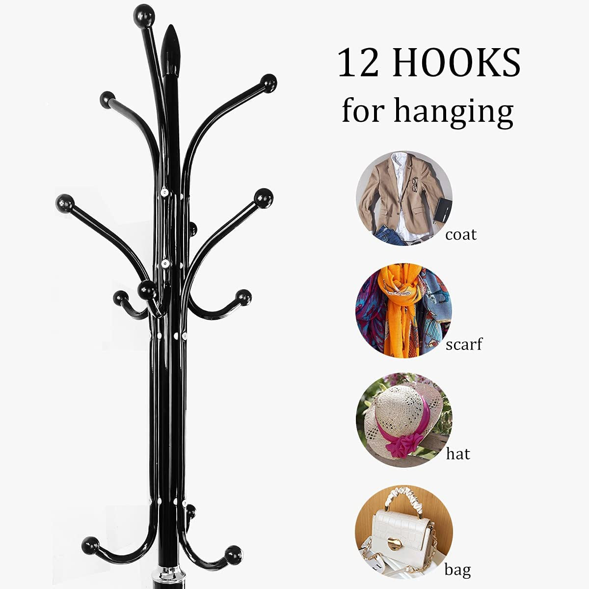 Kertnic Metal Coat Rack Stand with Natural Marble Base, Free Standing Hall Tree with 12 Hooks for Hanging Scarf, Bag, Jacket, Home Entry-Way Hat Hanger Organizer (Black)