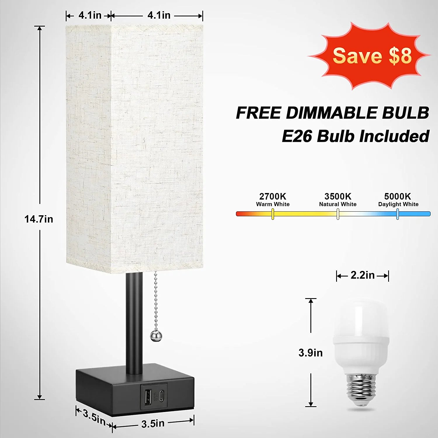 Bedside Table Lamp with 3 Levels Brightness - 2700/3500/5000K Small Lamp with USB C+A Ports, Nightstand Lamp with 3 Color Modes by Pull Chain, Bedroom Lamp for Living Read Work(Led Bulb Included)