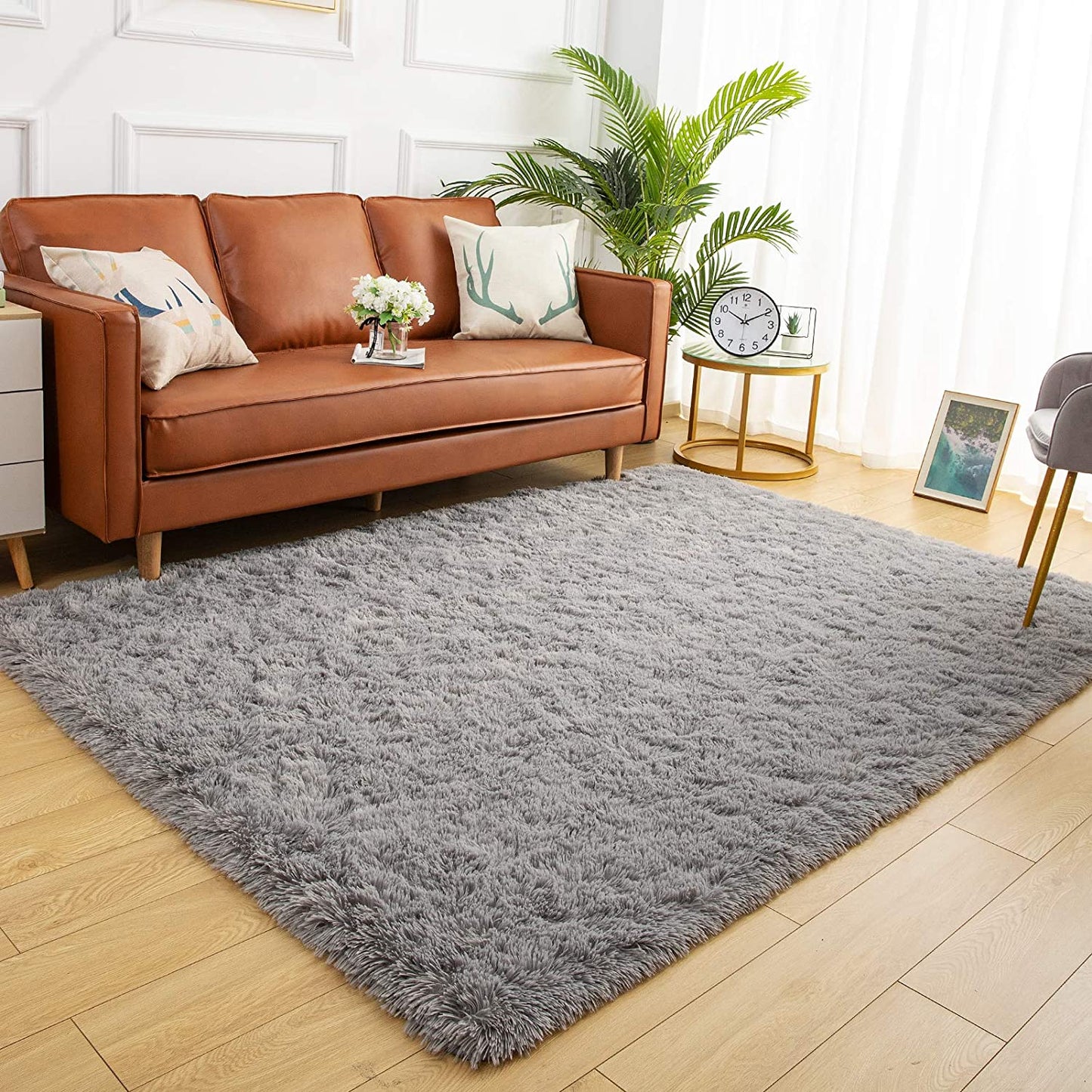 Soft Shaggy Area Rugs for Bedroom Fluffy Living Room Rugs Nursery Girls Carpets Kids Home Decor Rugs 4 X 5.3 Feet Grey