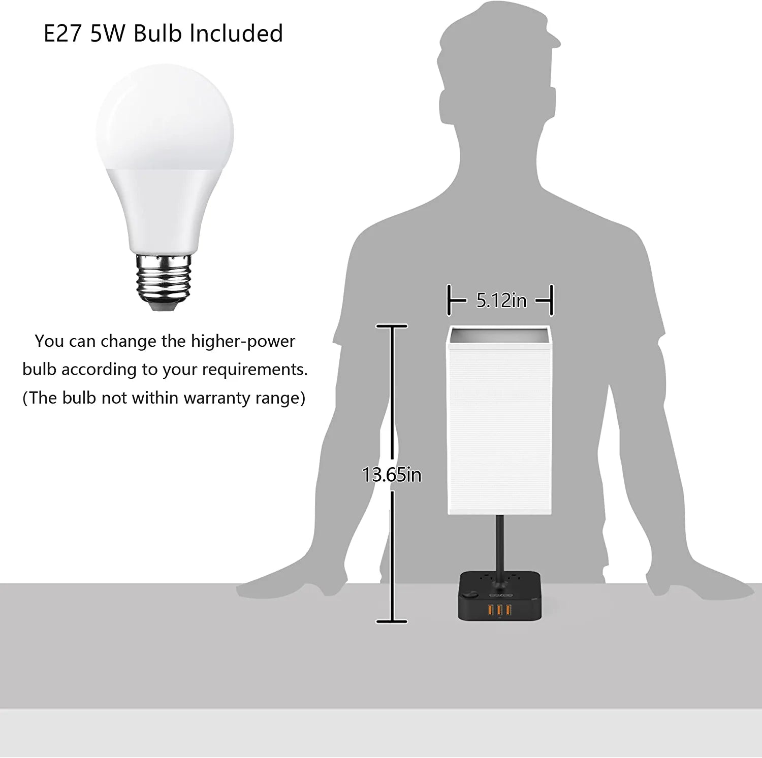 USB Bedside Table & Desk Lamp with 3 USB Charging Ports and 2 Outlets Power Strip,Black Charger Base with White Fabric Shade, LED Light for Bedroom/Nightstand/Living Room