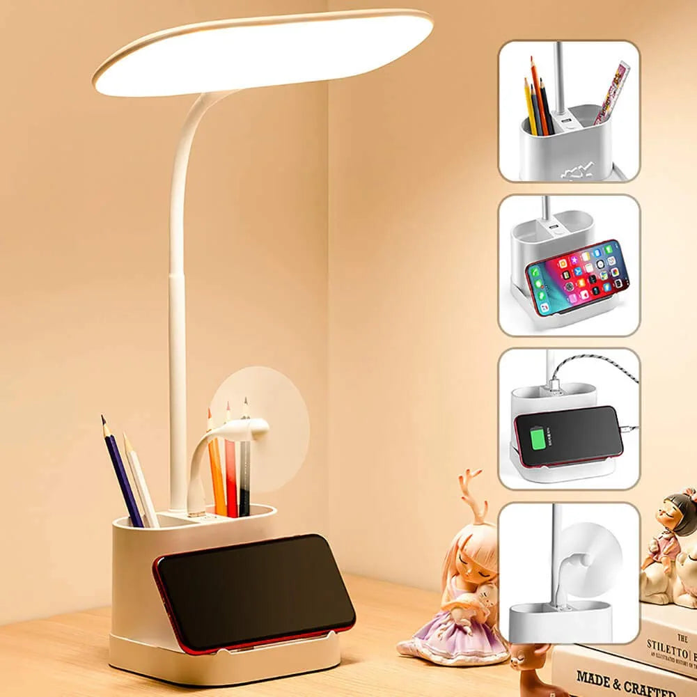 Office Lamp, 8W 3 Modes Battery Operated Lamp, White Desk Lamp for Desk, Study Lamps for Desk, Desk Lamps for Bedrooms, Dimmable Office Light, Bright Desk Lamp, USB Desk Lamp, Modern Desk Lamp