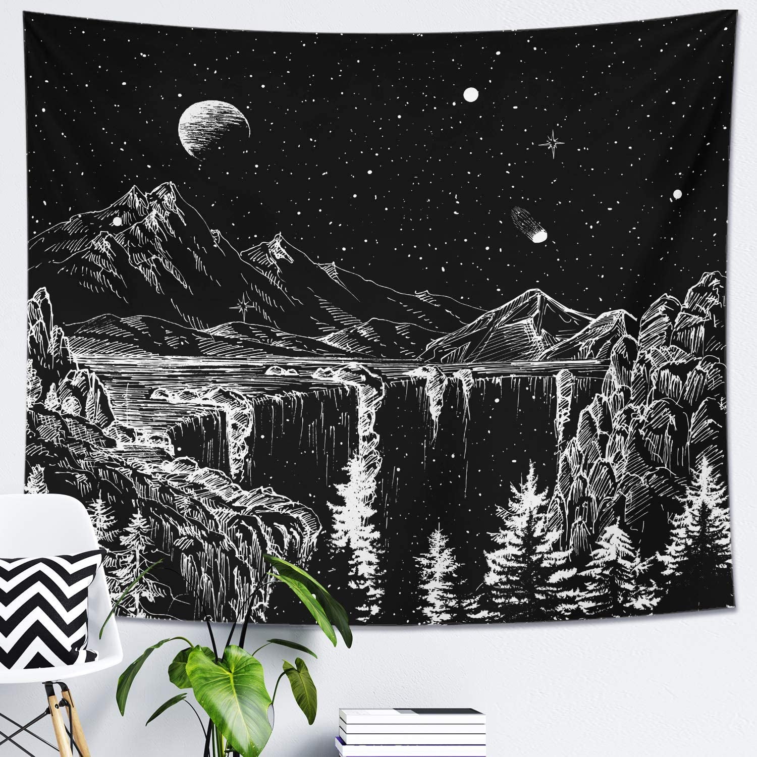 Starry Night Tapestry Mountain Tapestry Moon Stars Tapestry Black and White Tapestry for Bedroom Living Room 59X51 Inch