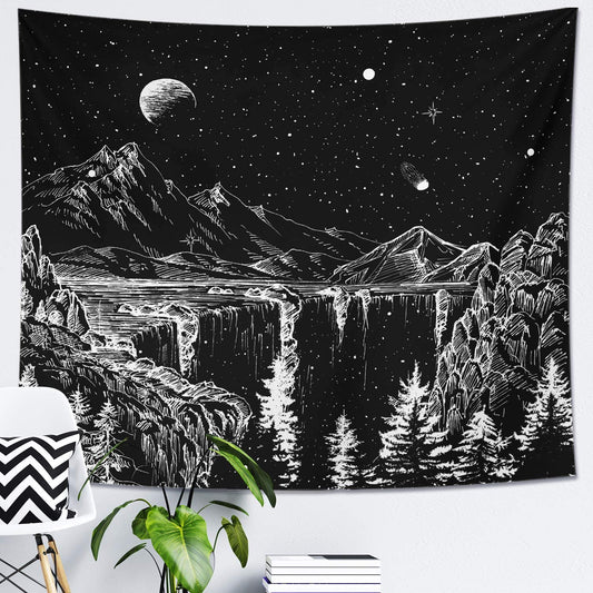 Starry Night Tapestry Mountain Tapestry Moon Stars Tapestry Black and White Tapestry for Bedroom Living Room 59X51 Inch