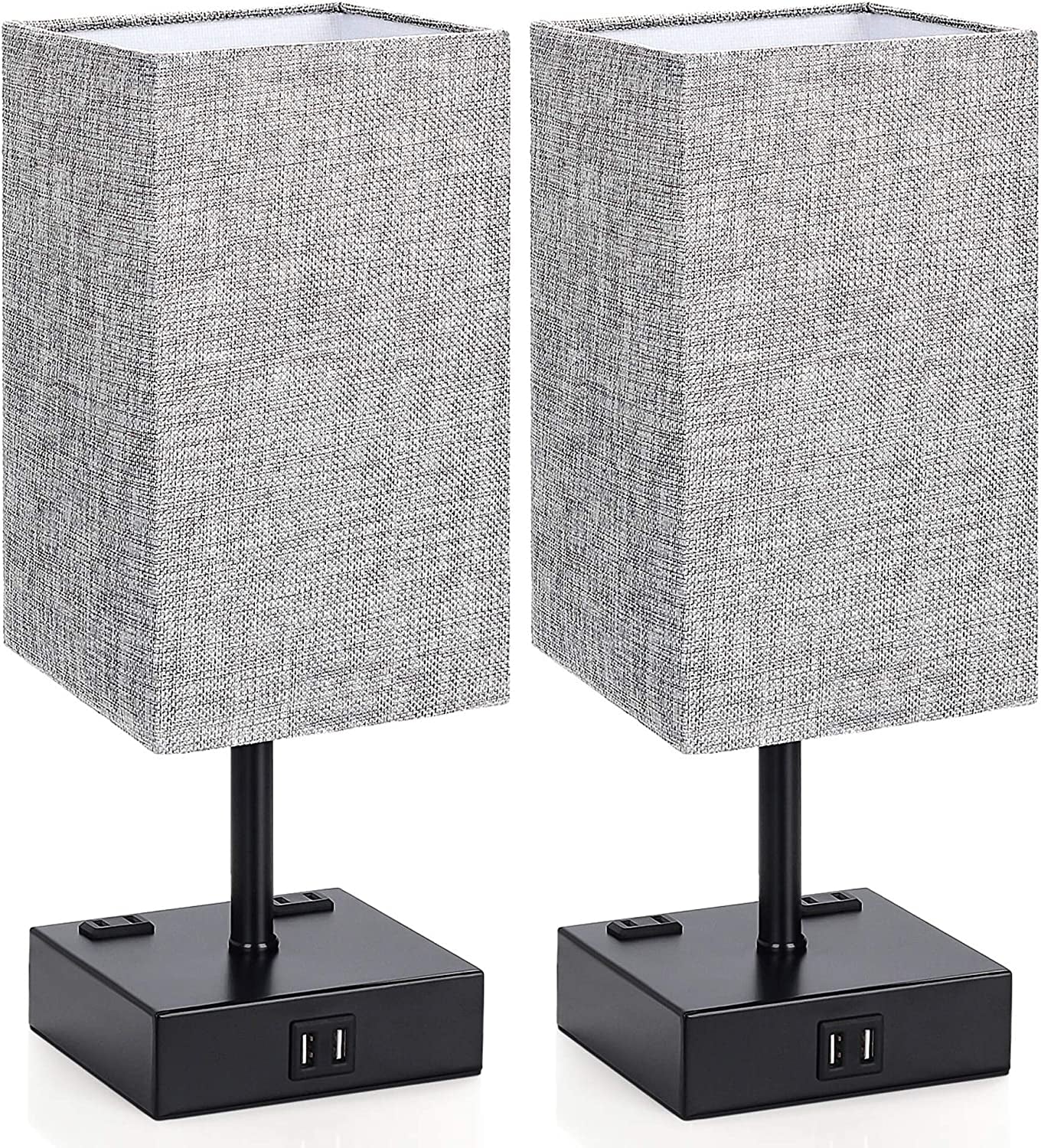 Touch Control Table Lamp, 3 Way Dimmable Bedside Desk Lamps with 2 USB Charging Ports 2 AC Outlets,Grey Fabric Shade Modern Nightlight for Bedroom, ST64 LED Bulbs Included,Set of 2