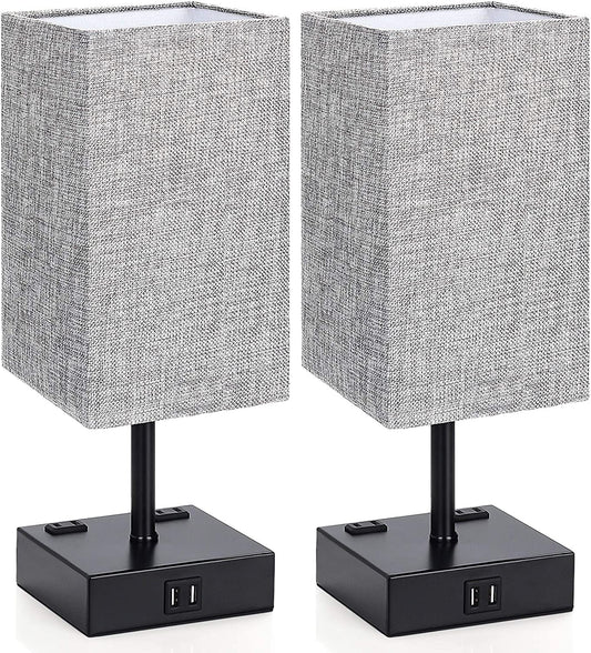 Touch Control Table Lamp, 3 Way Dimmable Bedside Desk Lamps with 2 USB Charging Ports 2 AC Outlets,Grey Fabric Shade Modern Nightlight for Bedroom, ST64 LED Bulbs Included,Set of 2