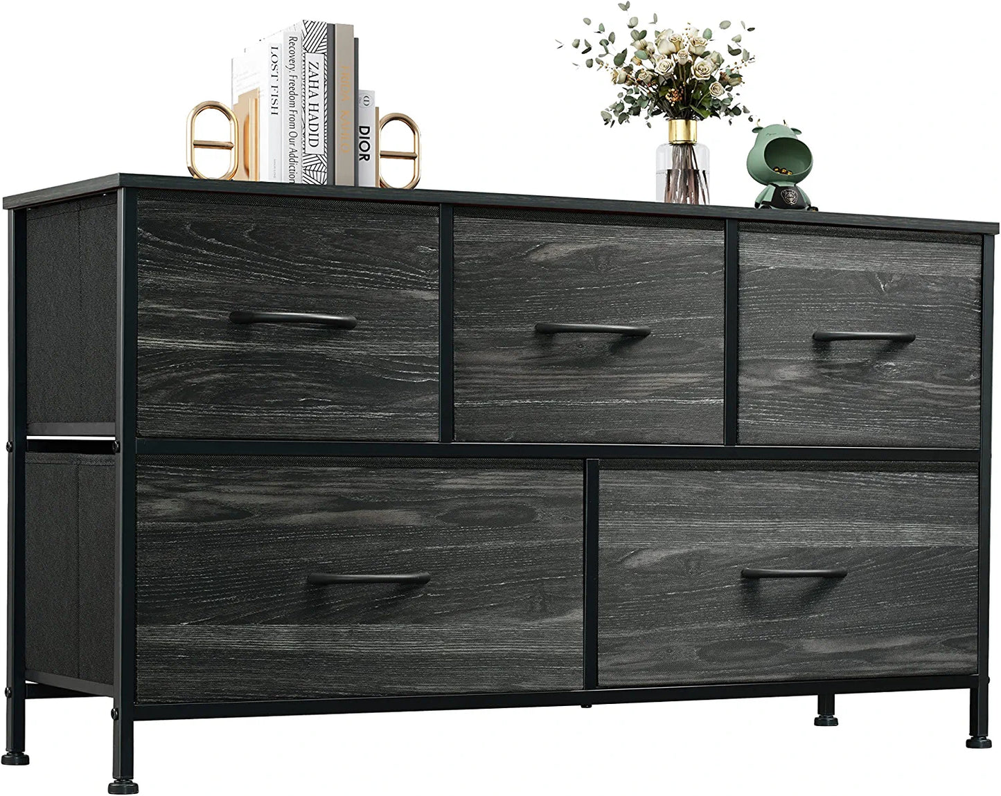 Dresser for Bedroom with 5 Drawers, Wide Chest of Drawers, Fabric Dresser, Storage Organizer Unit with Fabric Bins for Closet, Living Room, Hallway, Nursery, Charcoal Black Wood Grain Print