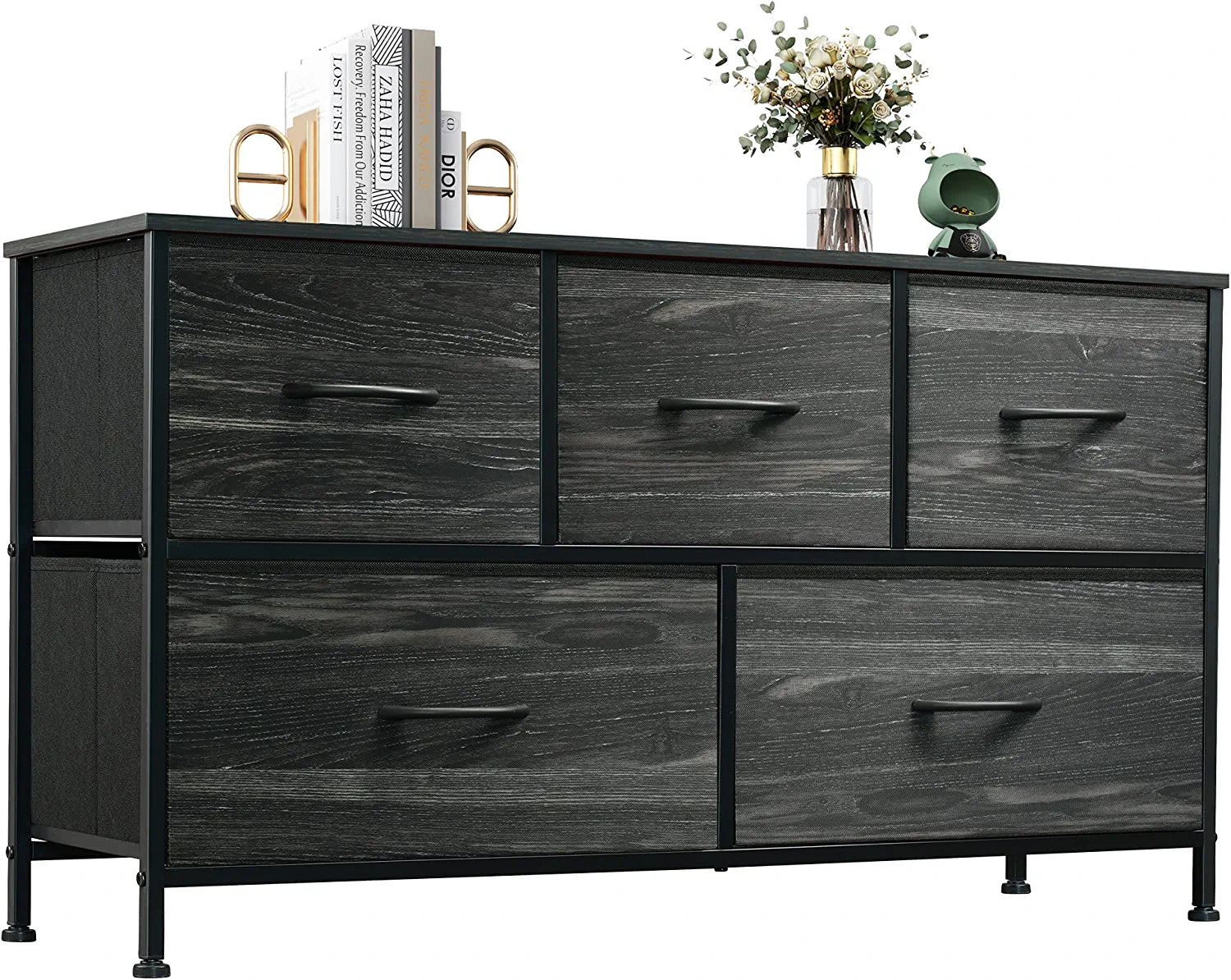 Dresser for Bedroom with 5 Drawers, Wide Chest of Drawers, Fabric Dresser, Storage Organizer Unit with Fabric Bins for Closet, Living Room, Hallway, Nursery, Charcoal Black Wood Grain Print