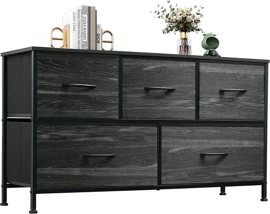 Dresser for Bedroom with 5 Drawers, Wide Chest of Drawers, Fabric Dresser, Storage Organizer Unit with Fabric Bins for Closet, Living Room, Hallway, Nursery, Charcoal Black Wood Grain Print