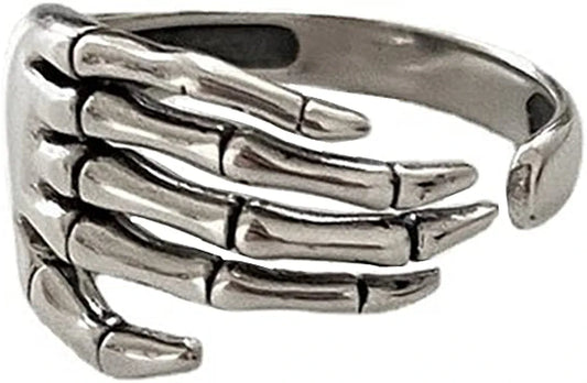 Vintage Skull Hand S925 Sterling Silver Open Band Ring for Women Girls Statement Adjustable Expandable Oxidized Gothic Skeleton Devil'S Talons Finger Pinky Rings Comfort Fit Unisex Personalized Jewelry