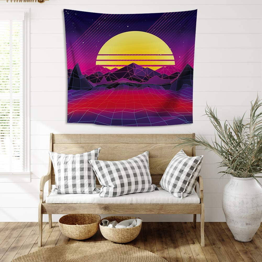 Trippy Mountain and Sun Tapestry Hippie Sunset Tapestry Abstract Landscape Tapestry Wall Hanging for Bedroom Living Room Dorm Home Decor (51.9 X 59.8 Inches)