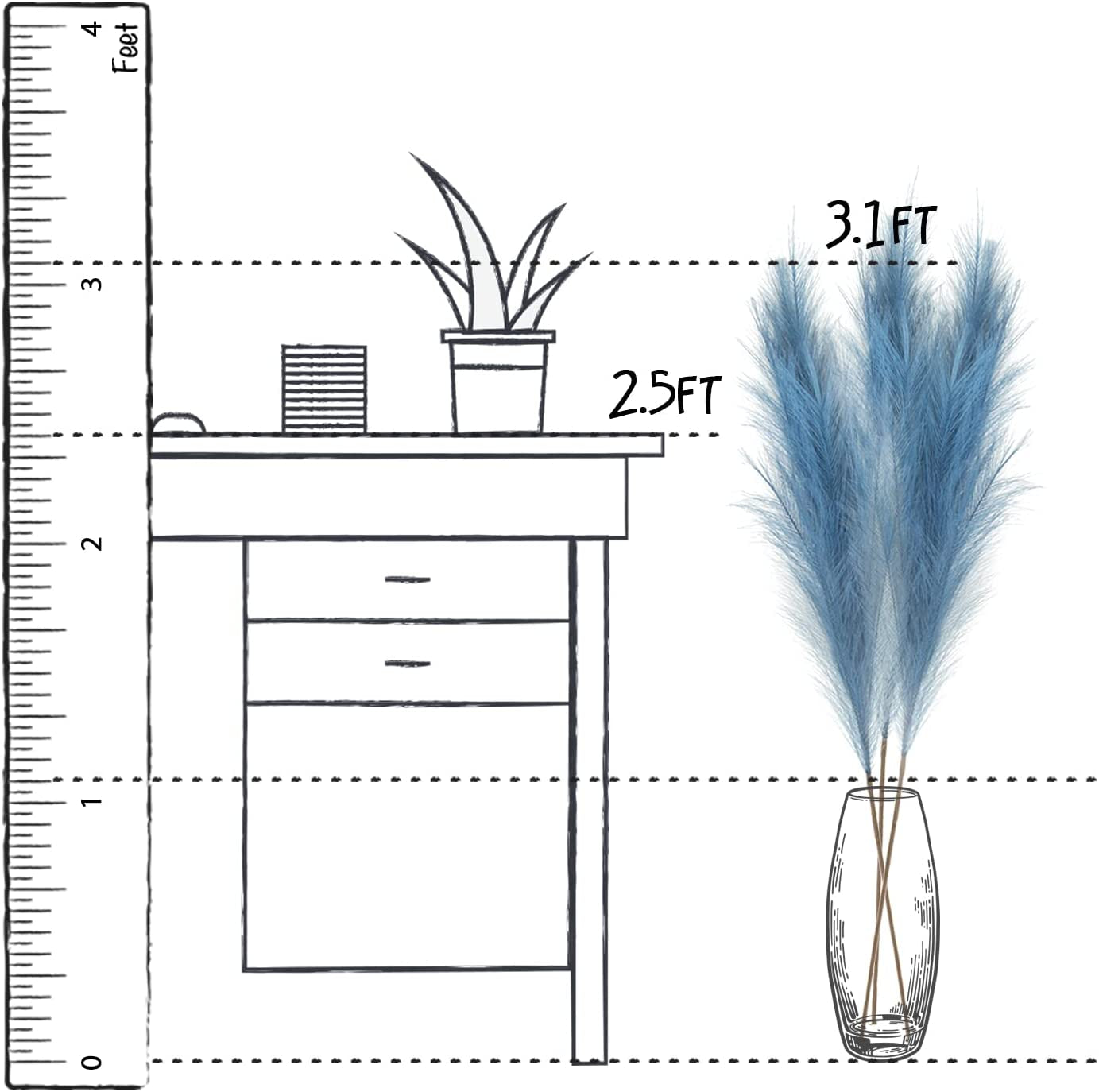7-Pcs 38"/3.1FT Faux Pampas Grass Large Tall Fluffy Artificial Fake Flower Boho Decor Bulrush Reed Grass for Vase Filler Farmhouse Home Wedding Decor (Blue)