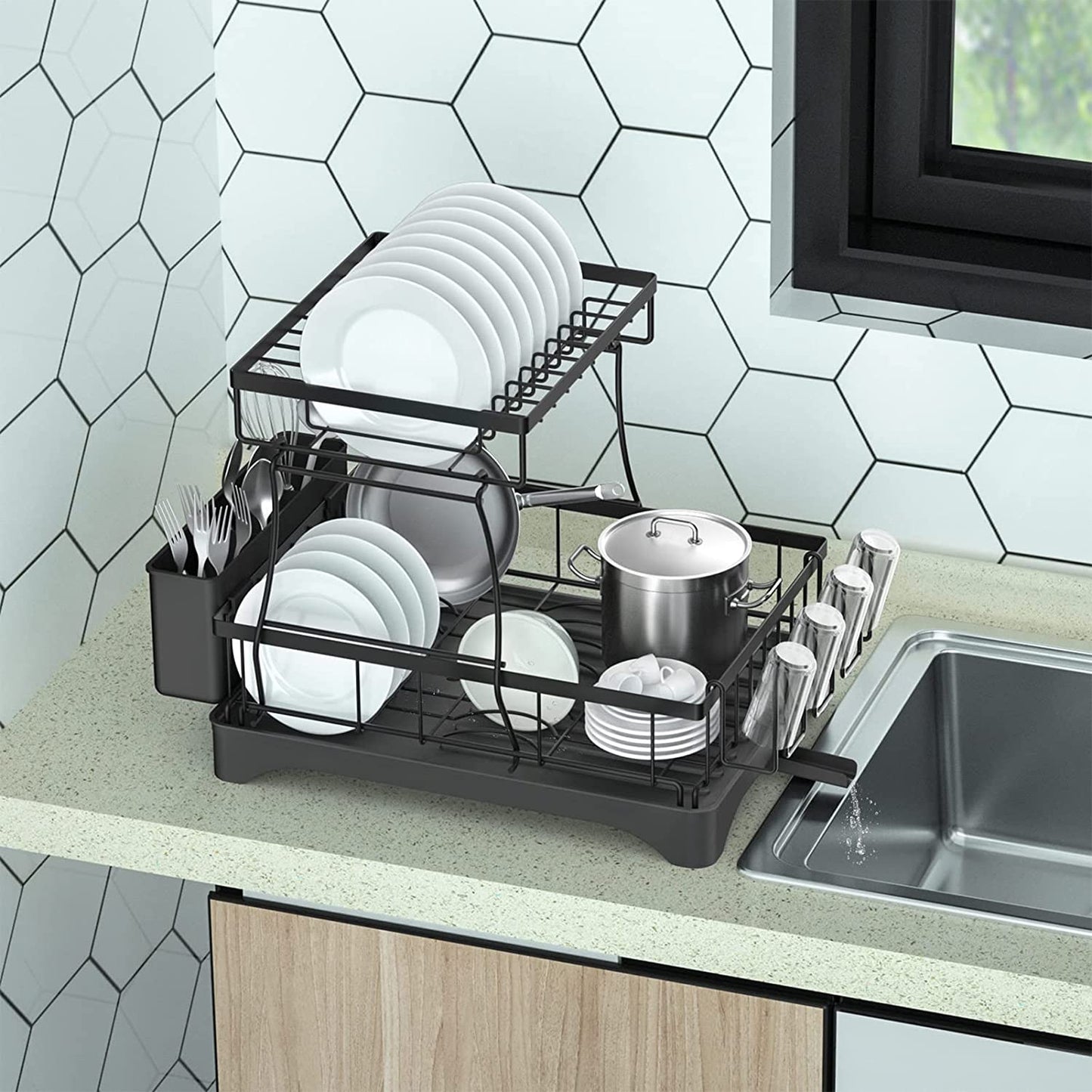 2 Tier Dish Drying Rack for Kitchen Counter, Black Metal Dish Drainers Rack with Drainboard, Large Dish Dryer with Detachable Cup Rack and Utensil Holder