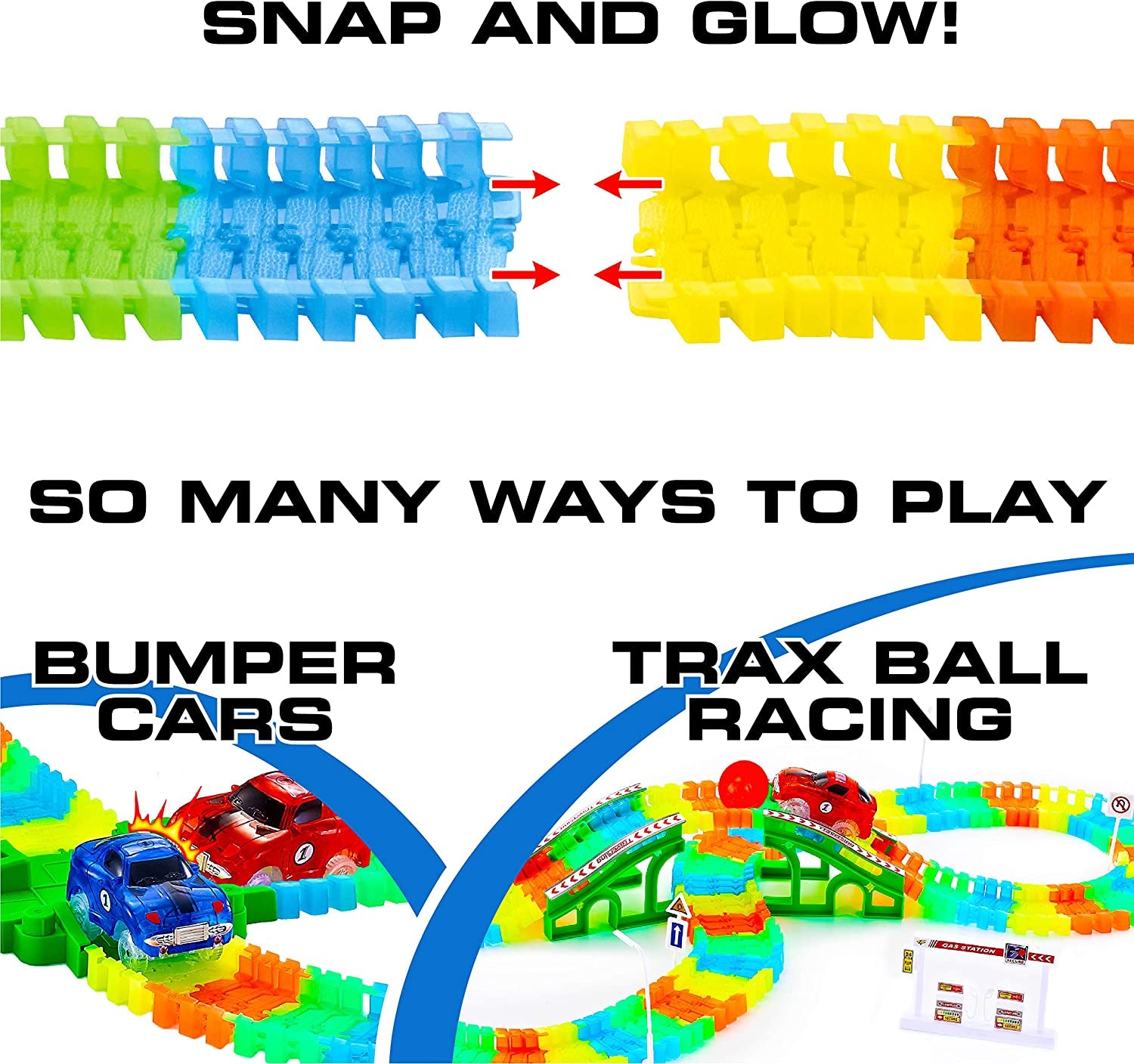 Glow Race Tracks and LED Toy Cars - 360Pk Glow in the Dark Bendable Rainbow Race Track Set STEM Building Toys for Boys and Girls with 2 Light up Toy Cars