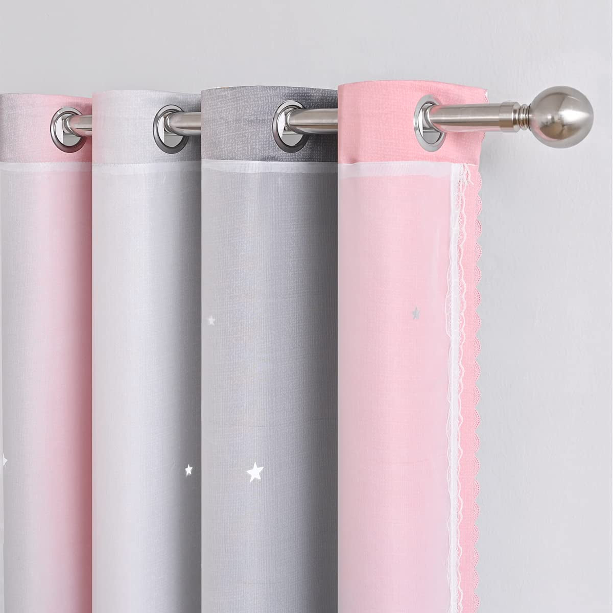 2 Panels Star Curtains for Girls Kids Bedroom, Light Blocking Princess Star Cut Out Curtain, Colorful Striped Voile Double Layer Window Curtain for Girls Room (52W X 63L, Pink/Grey)