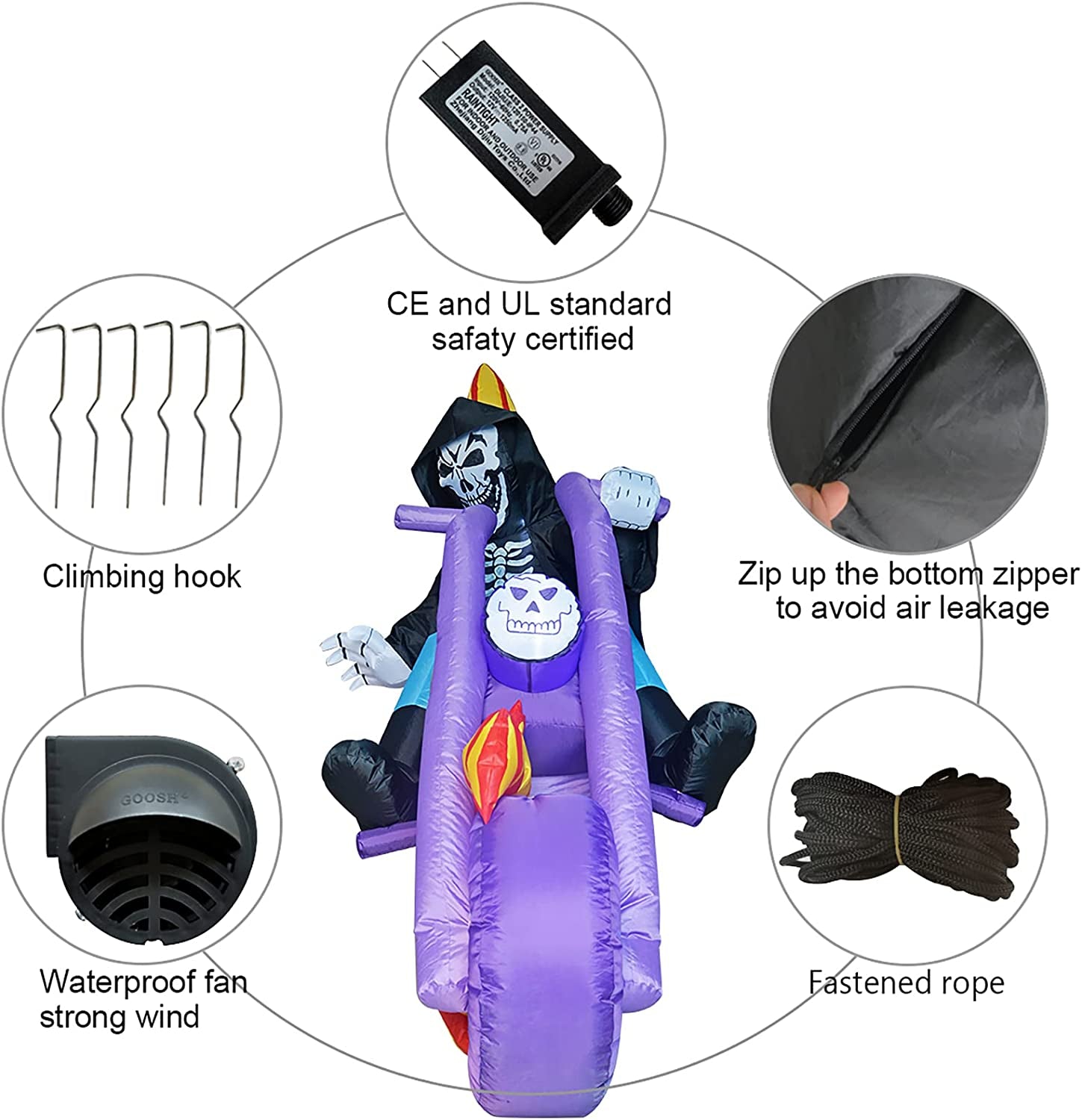 GOOSH 6 FT Halloween Inflatables Outdoor Grim Reaper on the Motorcycle, Blow up Yard Decoration Clearance with LED Lights Built-In for Holiday/Party/Yard/Garden