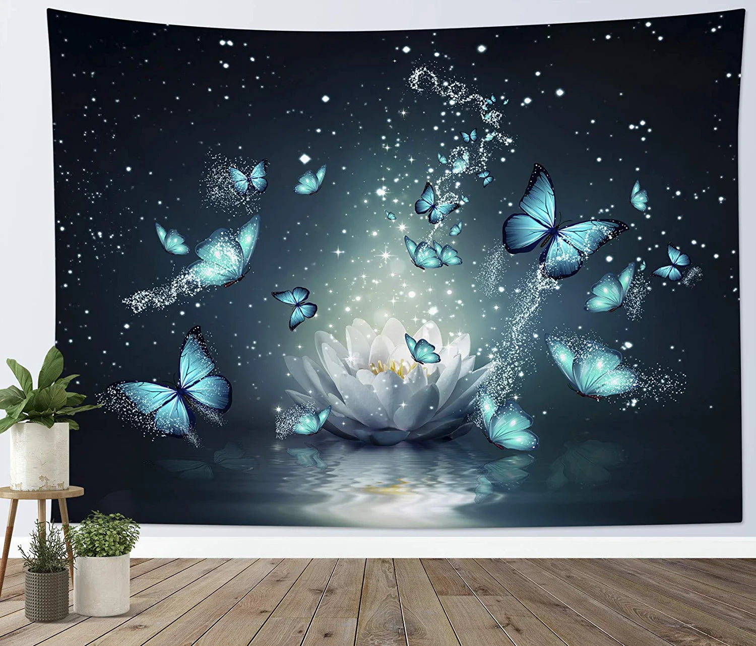 HVEST Trippy Water Lily Tapestry Wall Hanging Magic Butterfly Flying in Teal Ocean Natural Scenery Art Tapestries for Living Room Bedroom Teen Dorm Girl Yoga Room Wall Decor Poster,60X40 Inches