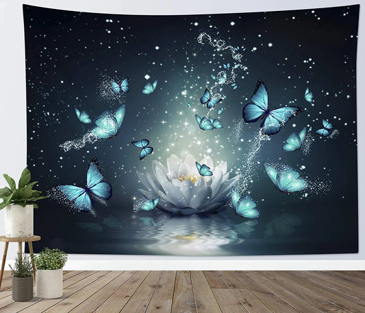 HVEST Trippy Water Lily Tapestry Wall Hanging Magic Butterfly Flying in Teal Ocean Natural Scenery Art Tapestries for Living Room Bedroom Teen Dorm Girl Yoga Room Wall Decor Poster,60X40 Inches