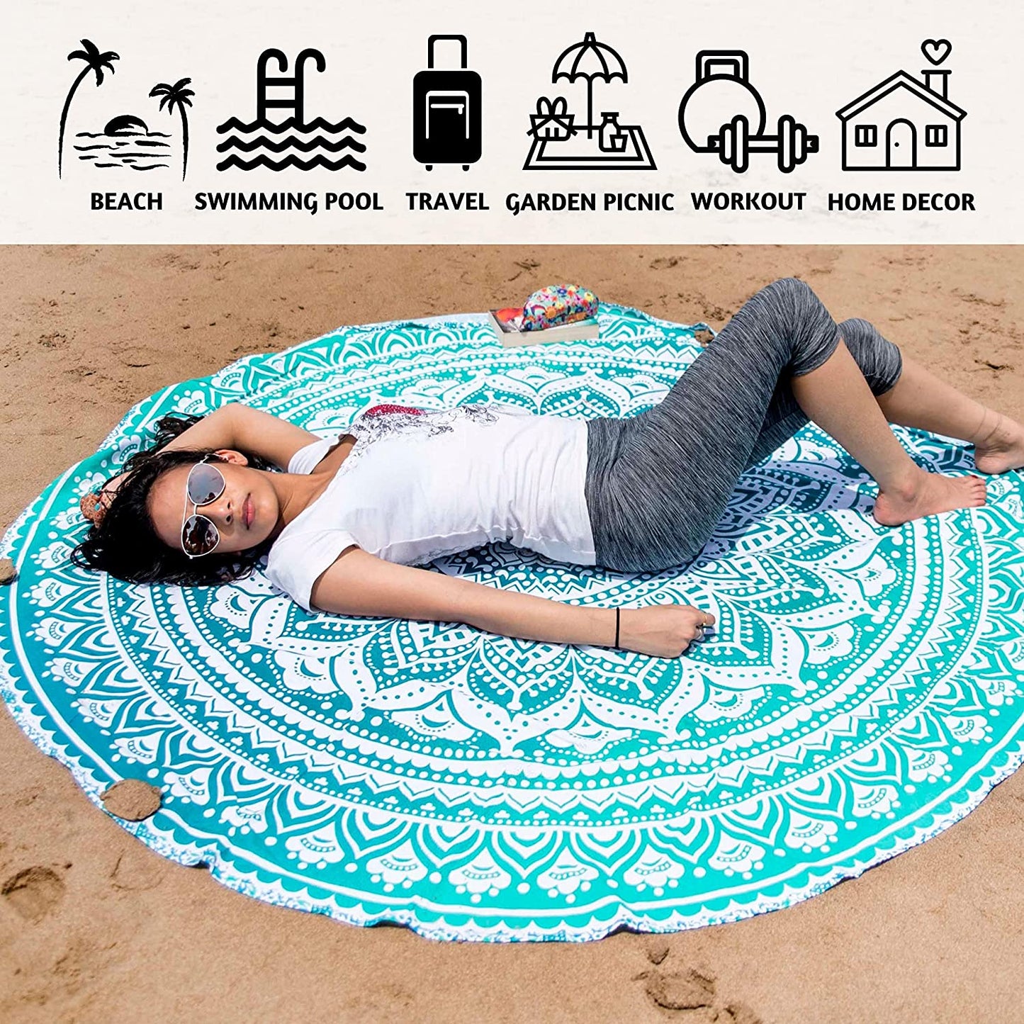 Tealtastic Mandala round Tapestry Hippie Indian Mandala Beach Roundie Picnic Table Throw Hippy Bohemian Spread Boho Gypsy Cotton Tablecloth Beach Towel Meditation round Yoga Mat - 72 Inches, Green