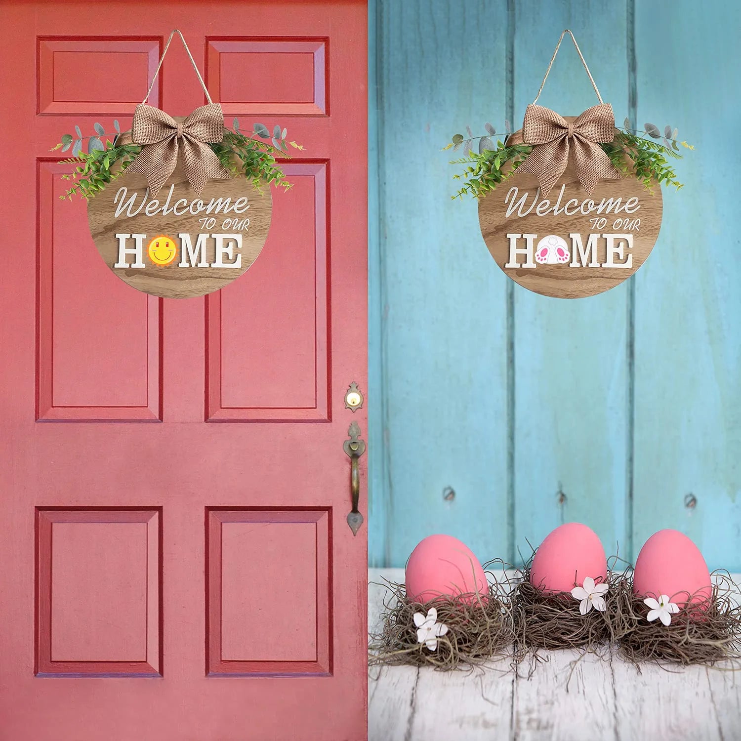 Interchangeable Welcome Home Sign, Seasonal Front Porch Door Decor with 21 Changeable Seasonal Icons for Halloween /Christmas/Independence Day, Rustic Wood Wreaths Wall Hanger for Housewarming Gift (12")