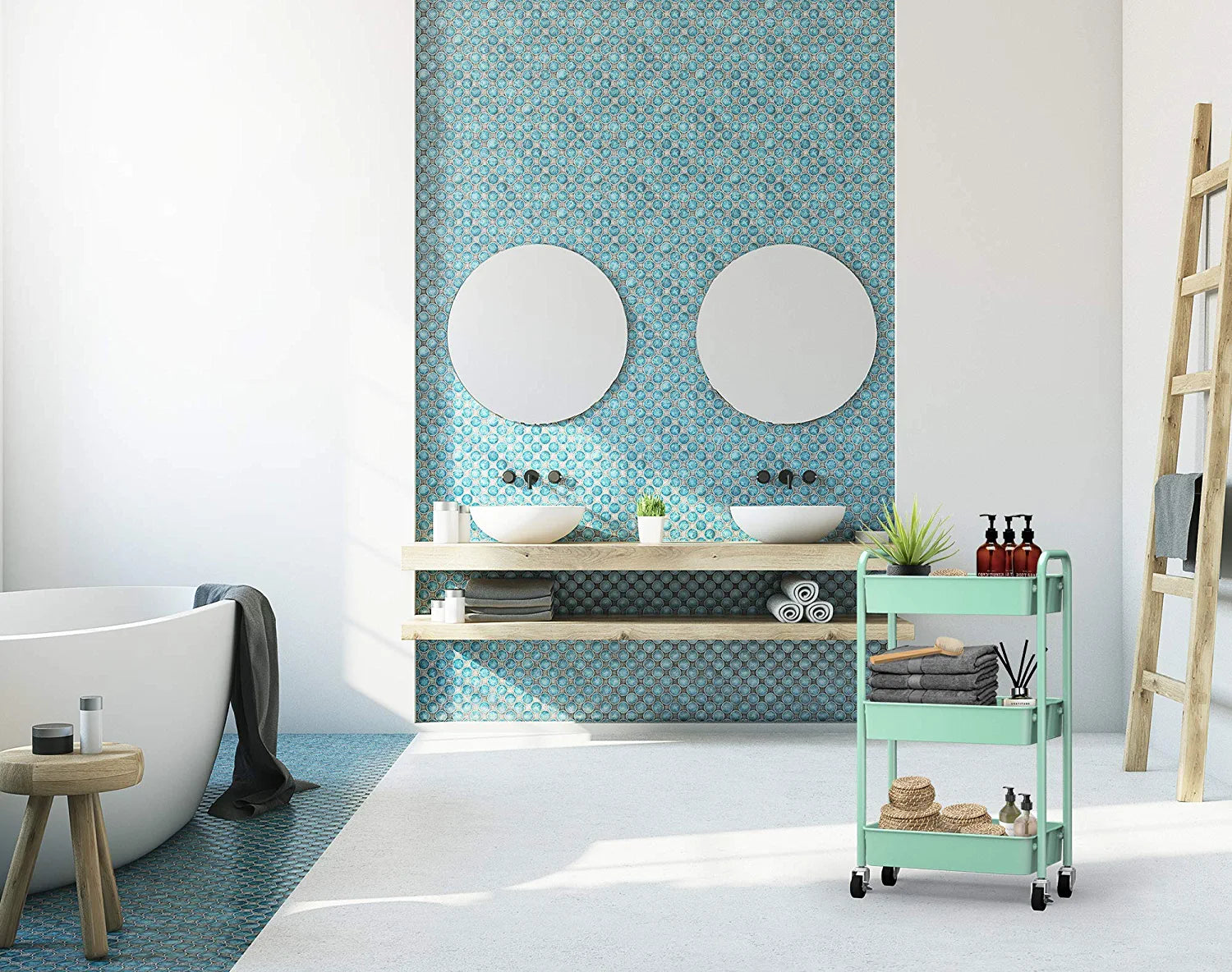 3-Tier Rolling Metal Storage Organizer - Mobile Utility Cart, Kitchen Cart with Caster Wheels (Aqua Green)