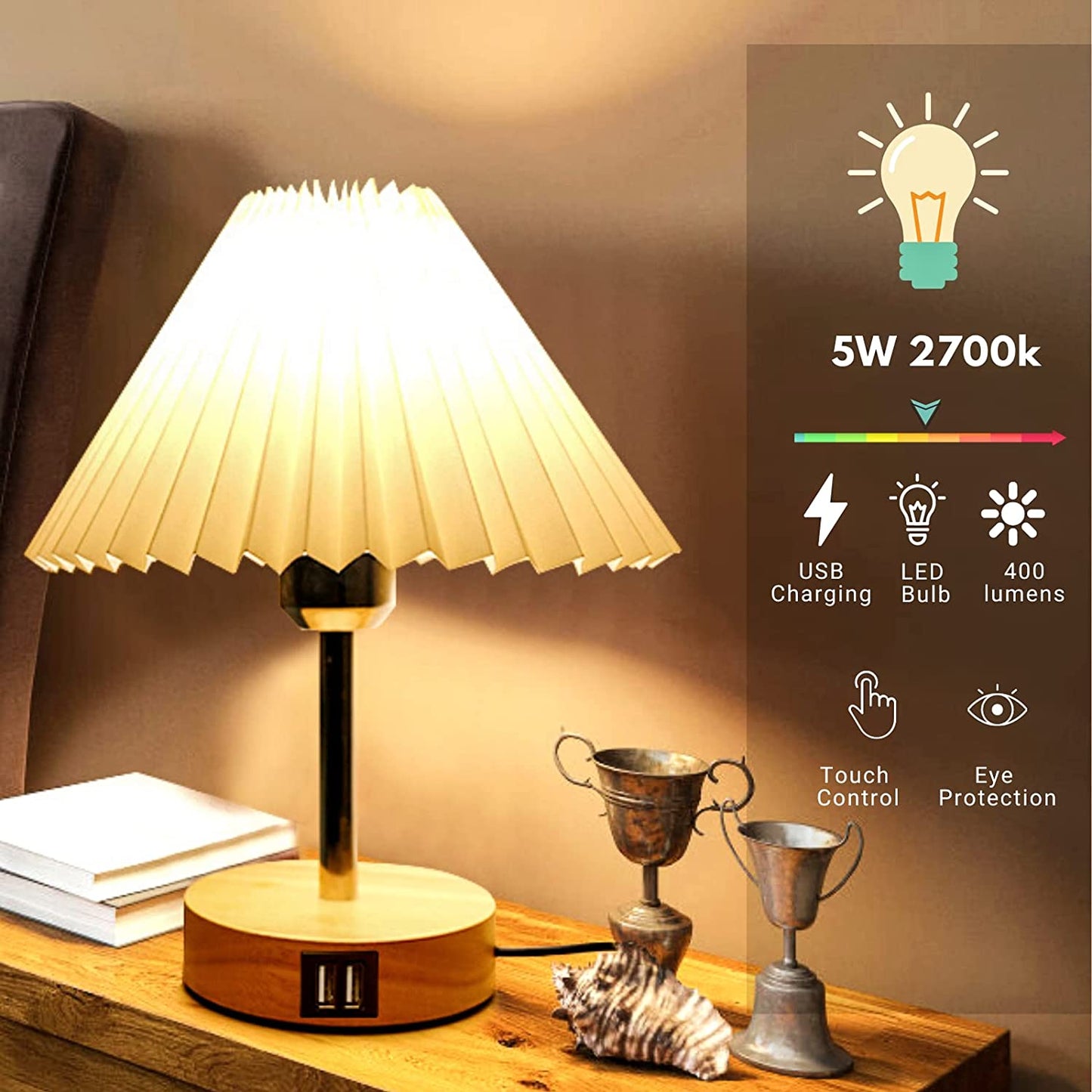 Touch Control Bedside Table Lamp with Dual USB Ports - Nordic Style LED Desk Lamp for Bedroom, 3-Way Dimmable Wooden Nightstand Lamp for Living Room, Kid'S Room, or Home Office ( Adapter Not Included)