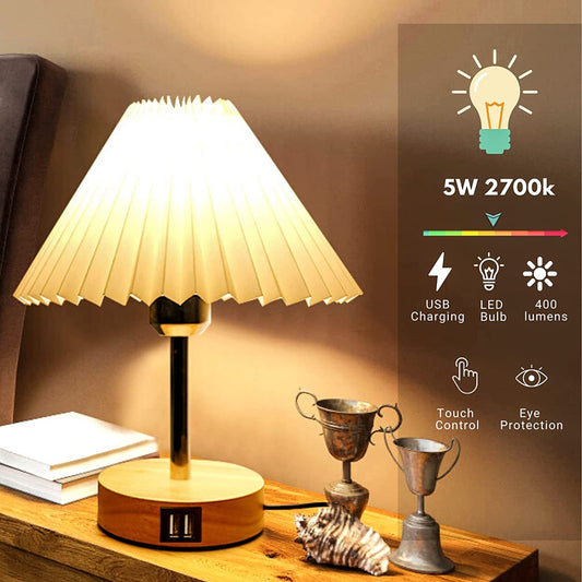 Touch Control Bedside Table Lamp with Dual USB Ports - Nordic Style LED Desk Lamp for Bedroom, 3-Way Dimmable Wooden Nightstand Lamp for Living Room, Kid'S Room, or Home Office ( Adapter Not Included)